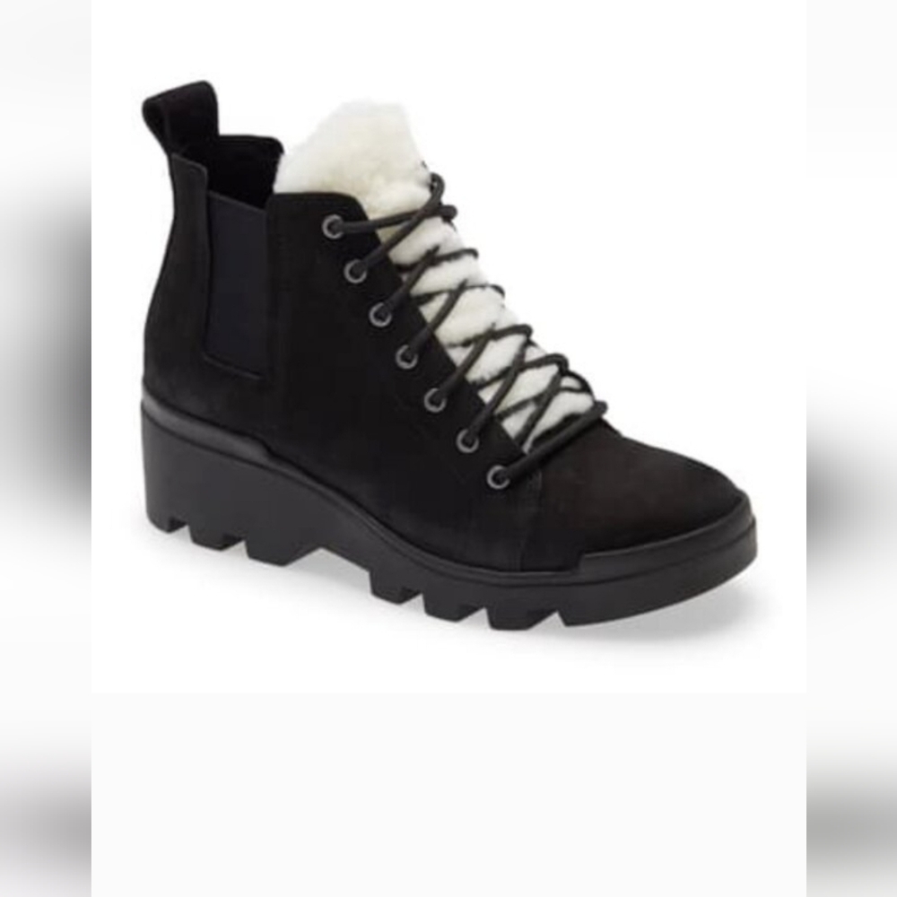 Eileen Fisher Calm Black Leather Wedge Hiker Shearling Trim Booties  Size 9